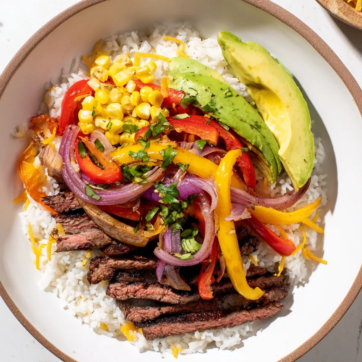 Savory BBQ Steak Fajita Bowl with tender steak, colorful peppers, and fluffy rice, ready to eat.