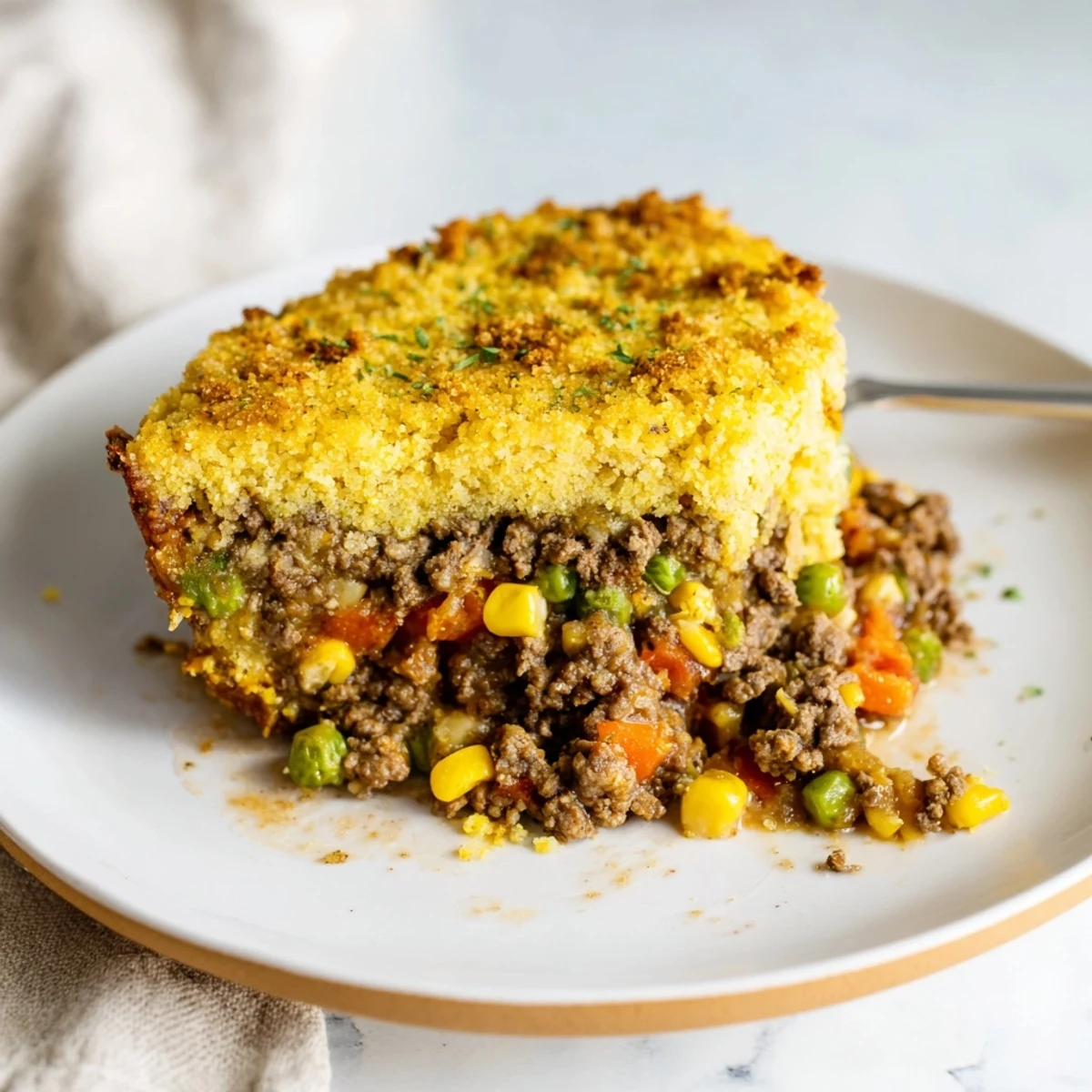 Imagine the texture of a warm Cornbread Crusted Beef Pie, bubbling beef filling beneath crust.