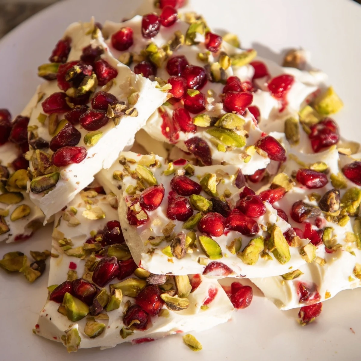 Frozen yogurt bark with vibrant red pomegranate and green pistachios, a cool and lovely summer treat.