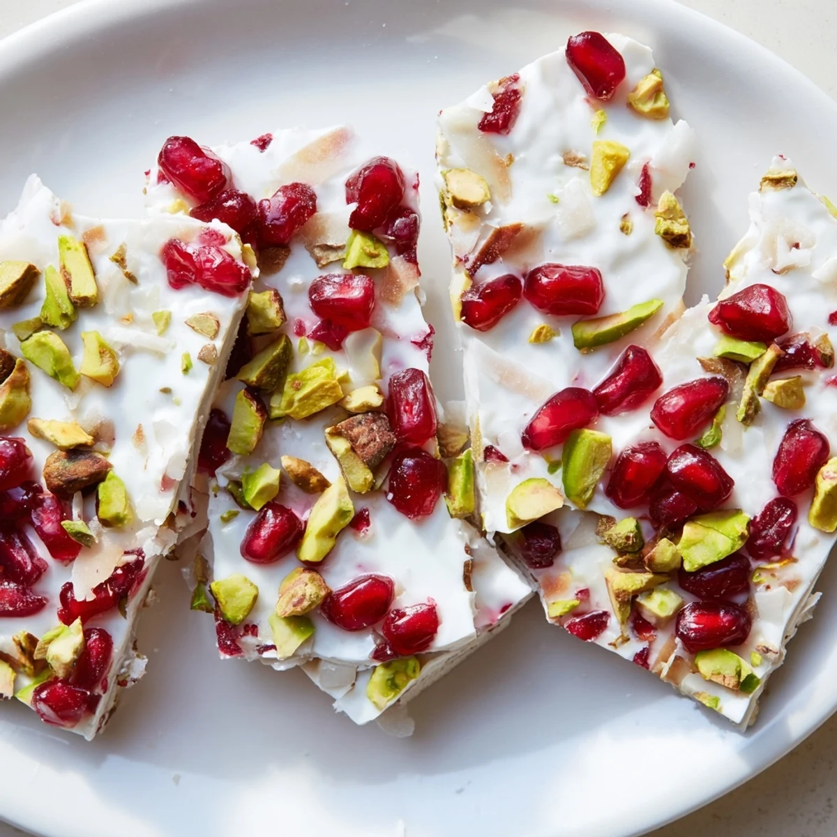 Homemade frozen yogurt bark topped with ruby-red pomegranate, sweet for healthy snacking after a meal.