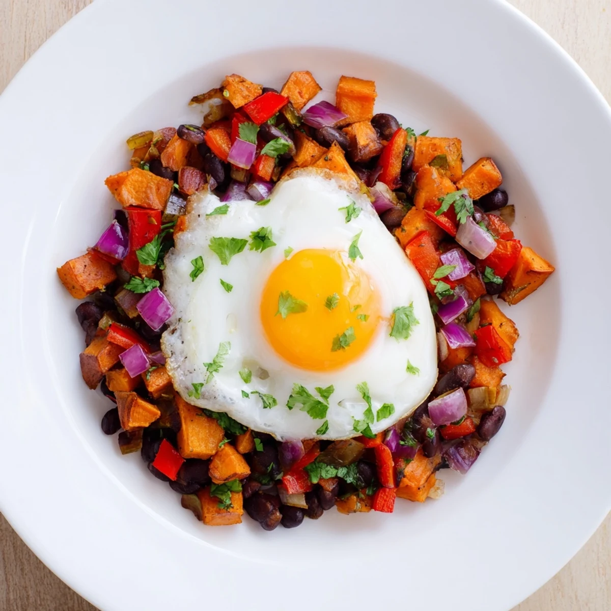 Golden-brown Sweet Potato & Black Bean Breakfast Hash with fresh cilantro and a runny egg yolk.