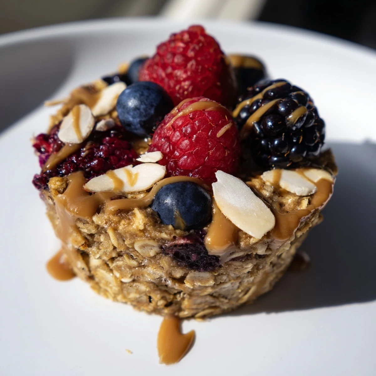 Golden-brown baked oatmeal cups studded with winter berries are ready to enjoy in the morning.