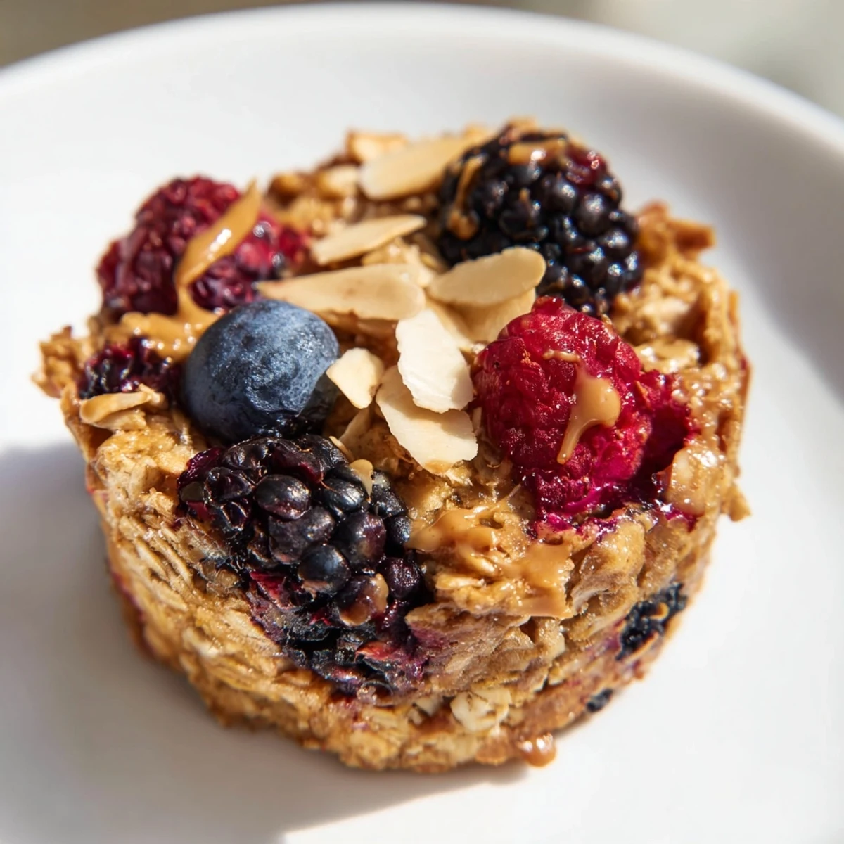 Warm, hearty baked oatmeal cups with fresh winter berries and a comforting, nutty aroma.
