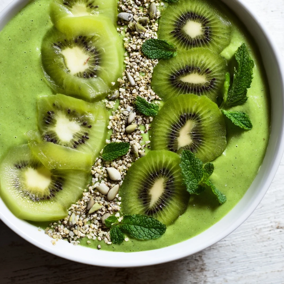 Vibrant green smoothie bowl with kale, kiwi, avocado, and crunchy hemp seeds, a healthy breakfast.