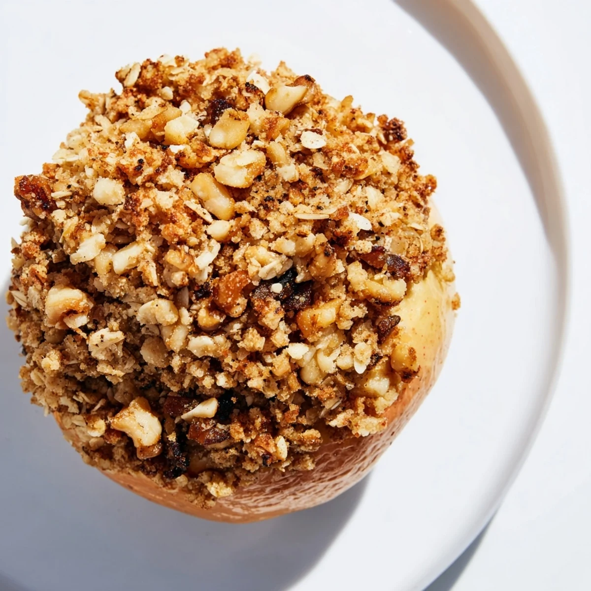 Warm, tender baked apples with a golden oat-nut crumble topping and cinnamon aroma.