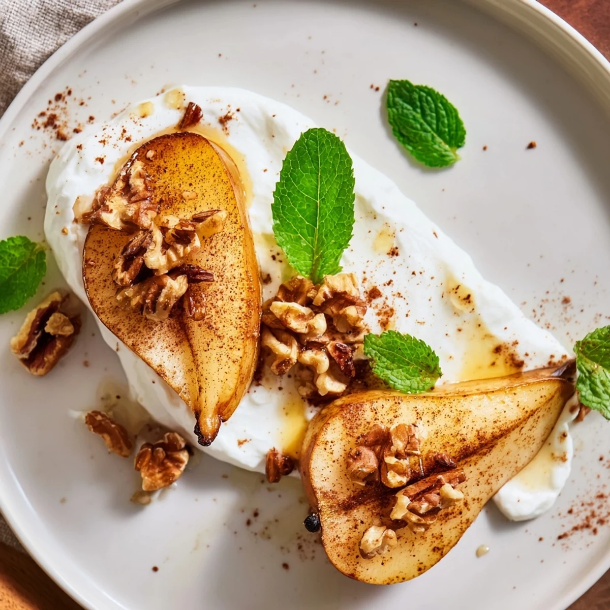 Golden-brown roasted pears, perfectly soft, topped with crunchy walnuts and creamy Greek yogurt.