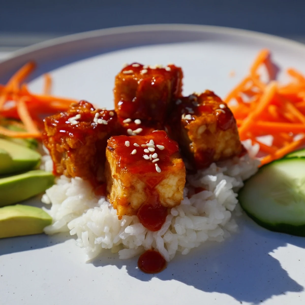 Vibrant photo of steaming Chili-Mayo Baked Tofu Bowls, garnished with fresh cilantro and sesame seeds.