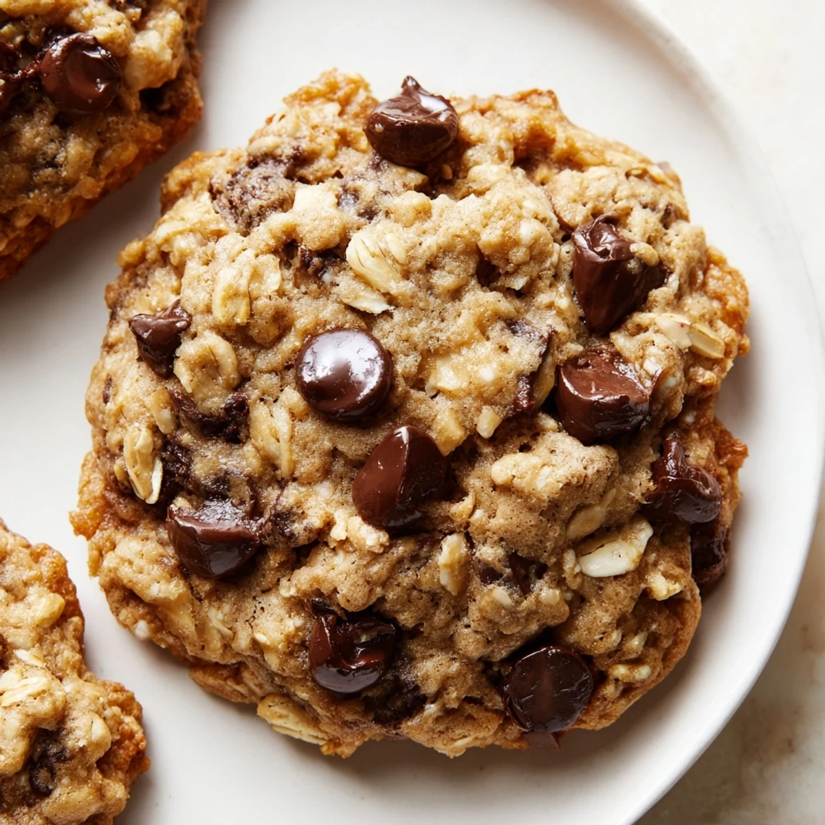 Freshly baked Oat-Banana Chocolate Chip Cookies overflowing with chocolate chips, perfect for dessert.