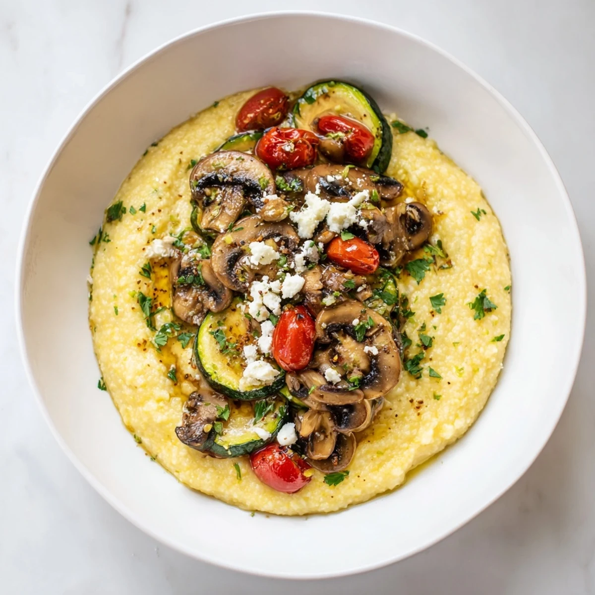 A steaming bowl of Cornmeal Mush Polenta Bowls, topped with colorful roasted vegetables and herbs.