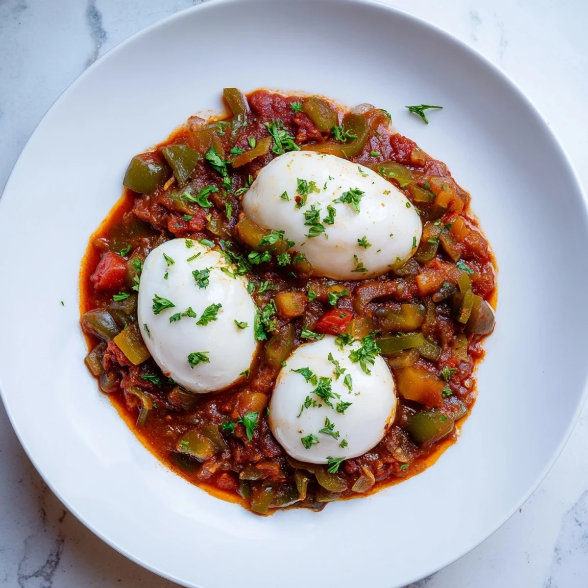 Fresh, warm Shakshuka: a vegetarian delight with vibrant tomatoes and tender poached eggs.