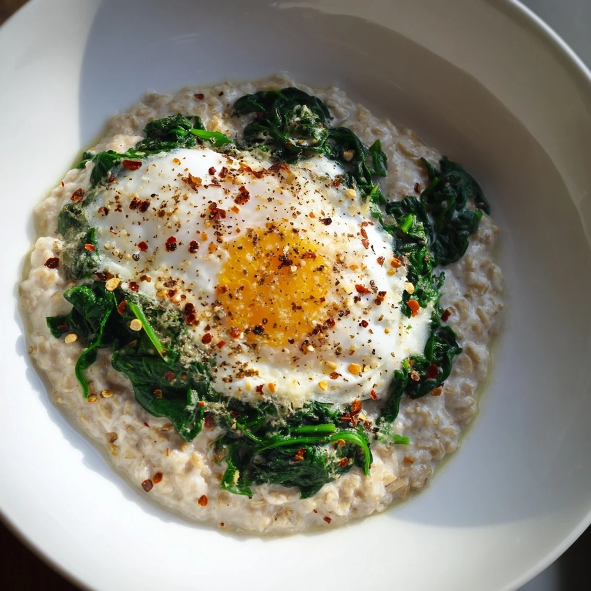 Creamy Savoury Oatmeal with spinach and a runny poached egg, a delightful breakfast treat.