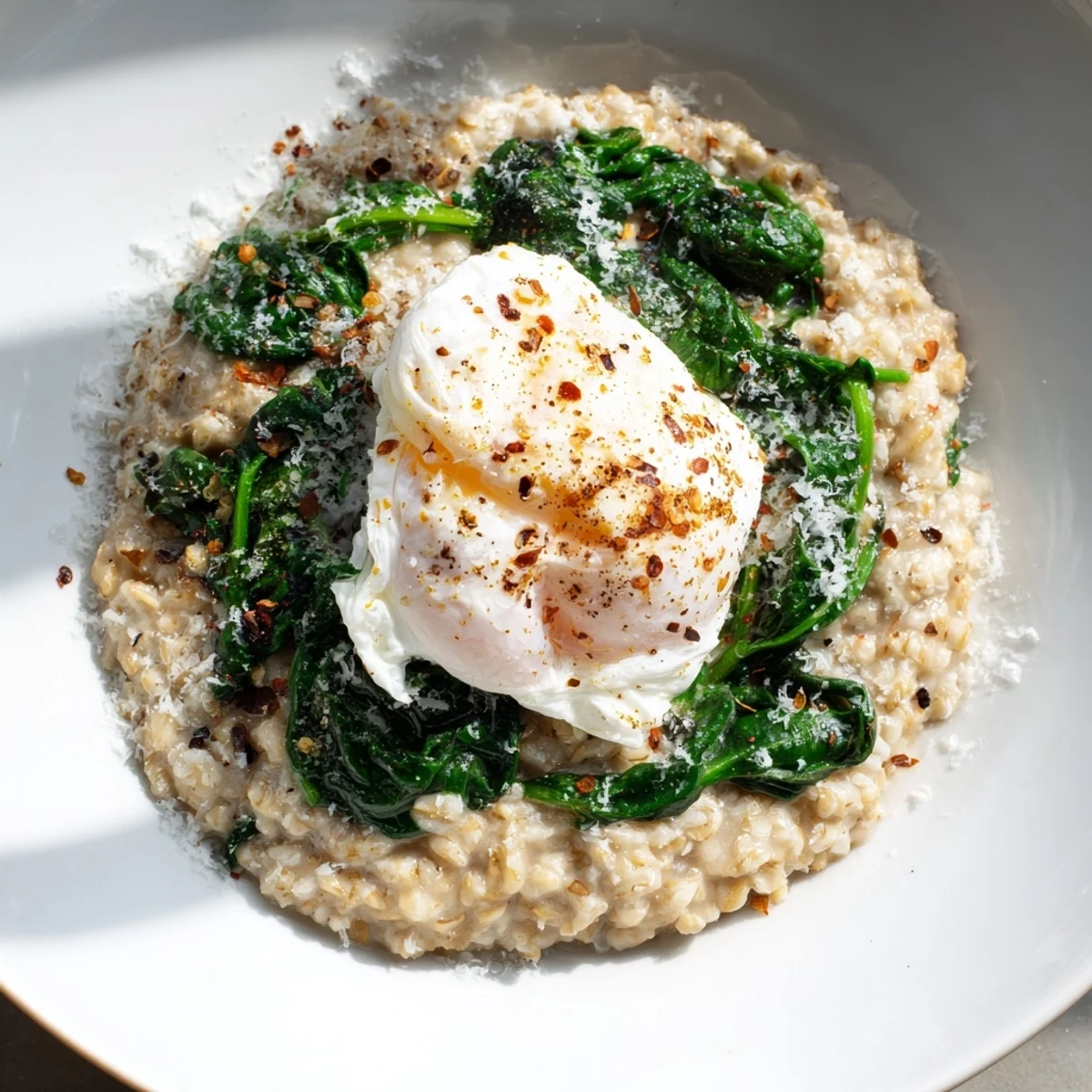 Warm, comforting bowl of savoury oatmeal topped with vibrant green spinach and a perfect egg.