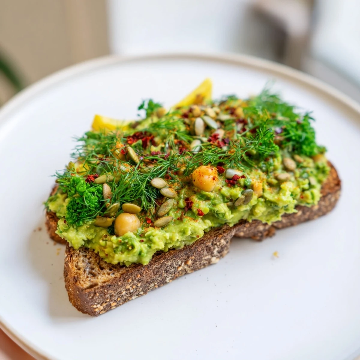 Perfectly plated avocado toast with chickpeas and herbs, ready to enjoy for a healthy, delicious meal.