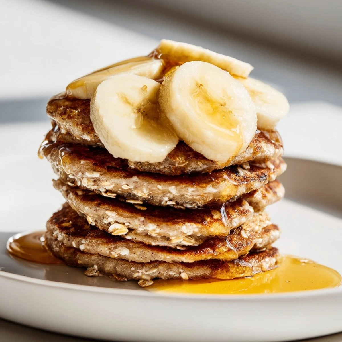 Golden banana oat pancakes stacked high, drizzled with maple syrup; a perfect breakfast treat.