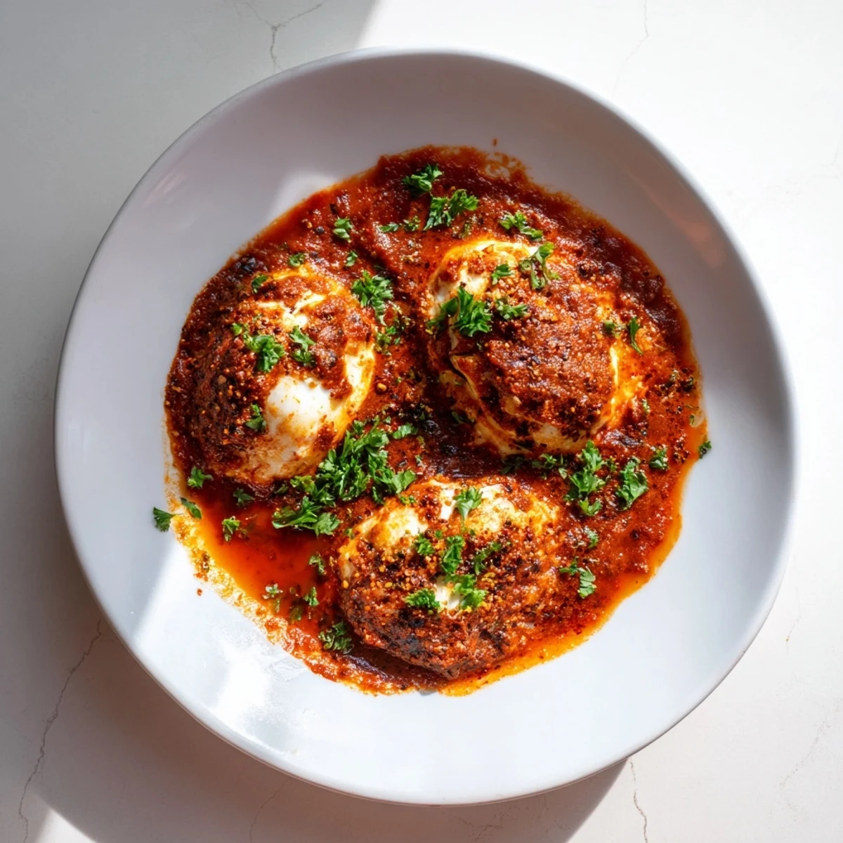 Fragrant Savoury Baked Eggs in Tomato Sauce, served with crusty bread, a colorful Middle Eastern brunch.