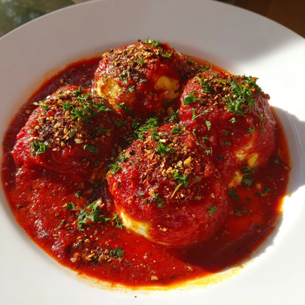 Golden yolks peek through bubbling tomato sauce, a tempting photo of Savoury Baked Eggs in Tomato Sauce.