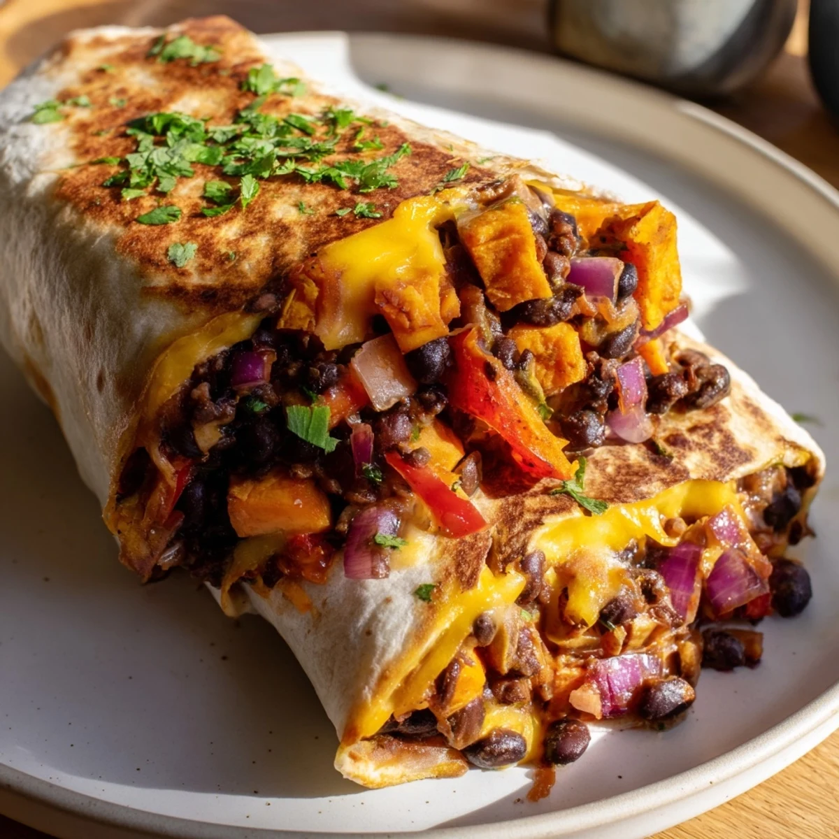 A close-up of a delicious Sweet Potato & Black Bean Breakfast Burrito, with roasted vegetables and melted cheese.