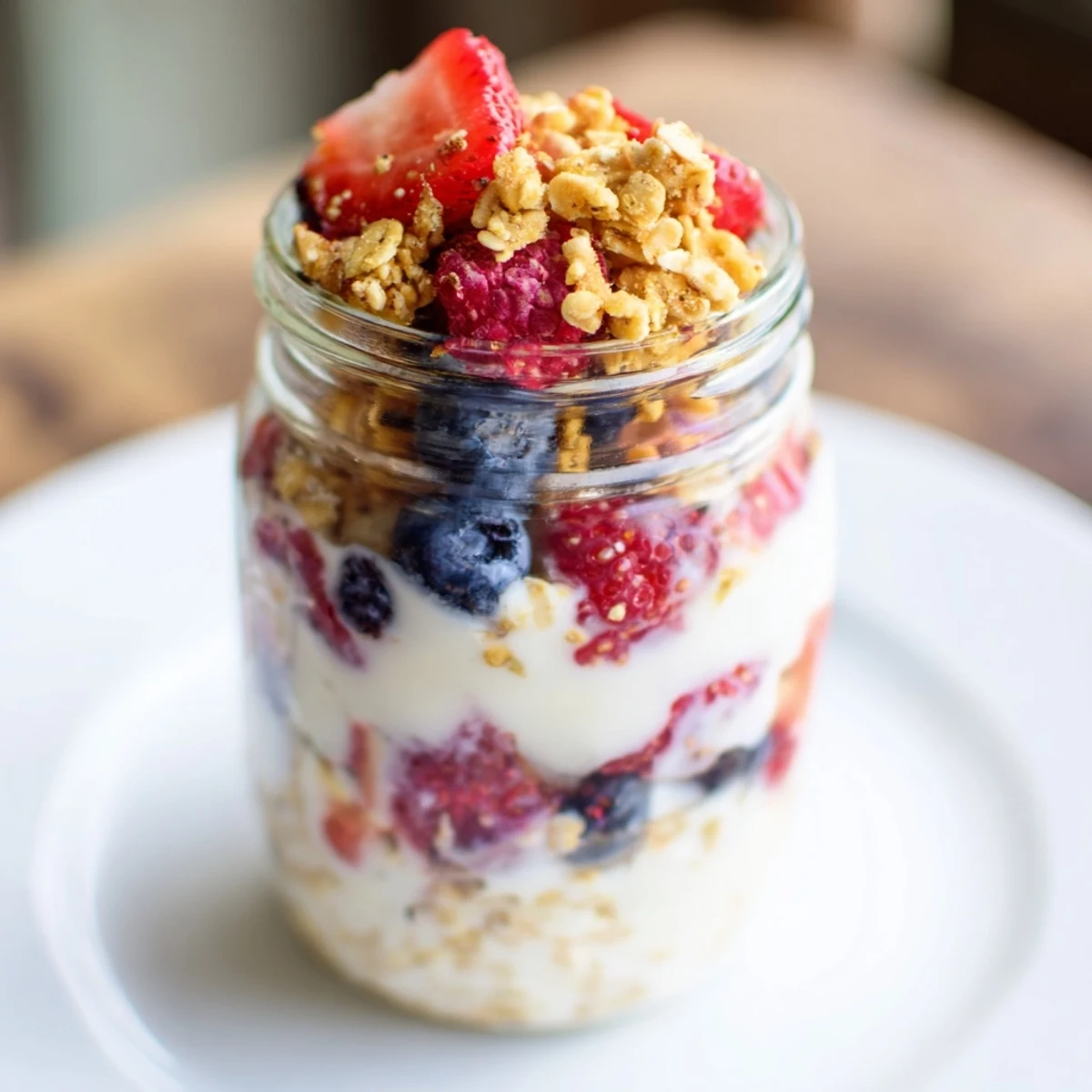 Overnight Oats in Jars with fresh berries and granola – a cool, creamy breakfast treat.