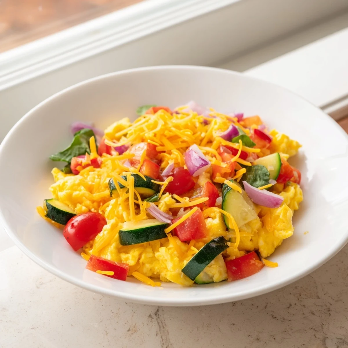 Golden, fluffy Egg & Veggie Sheet Pan Scramble with roasted colorful vegetables, perfect for a hearty vegetarian breakfast.