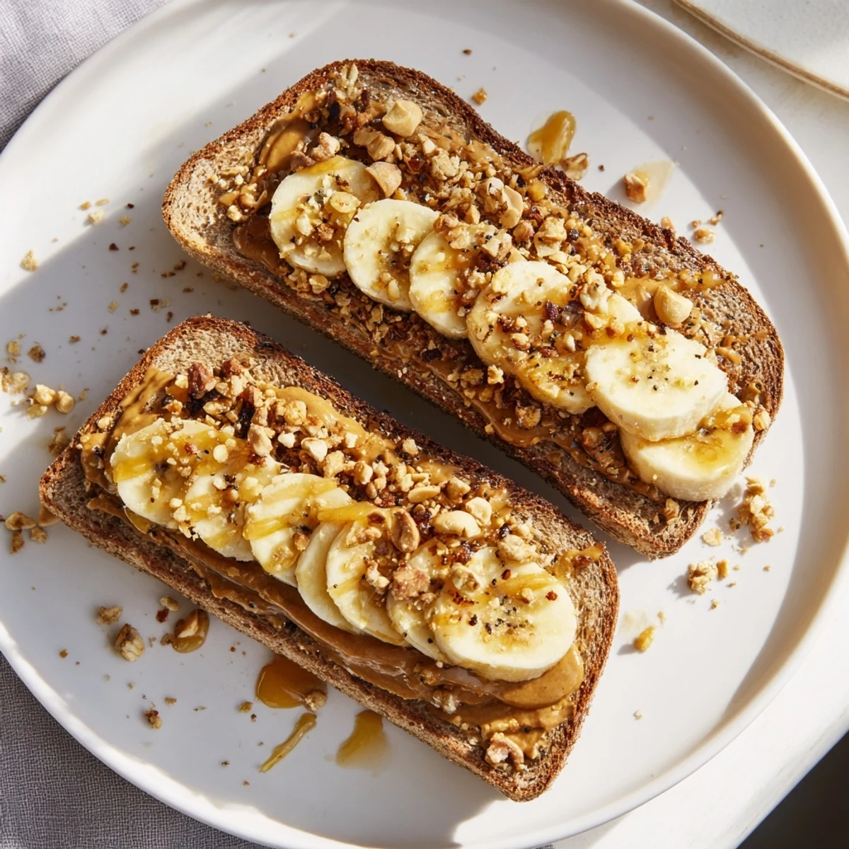 Golden-brown toasted bread holds a delicious peanut butter and banana sandwich upgrade, drizzled with honey.