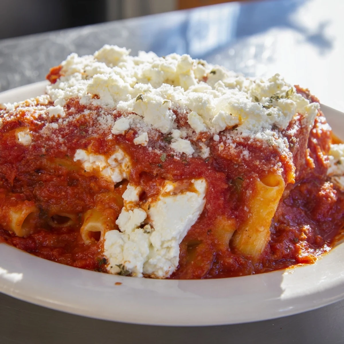 Warm and comforting: A slow cooker photo of creamy, layered Slow Cooker Baked Ziti with herbs and cheese.