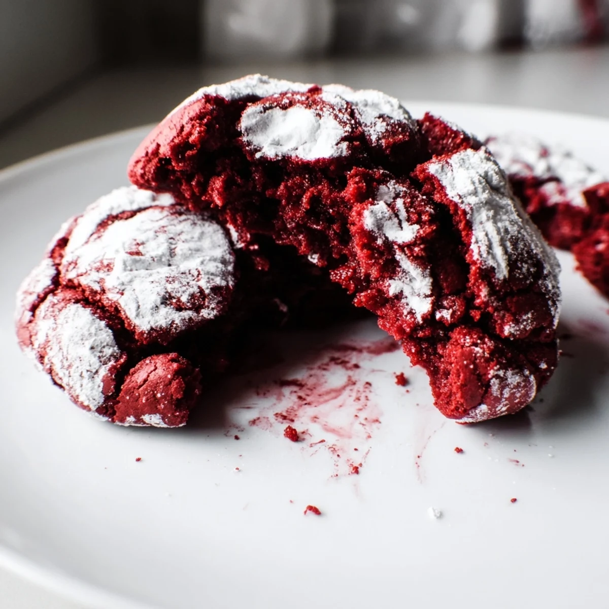 Chewy Red Velvet Chocolate Crinkle Cookies, covered in powdered sugar, ready for a delicious bite.