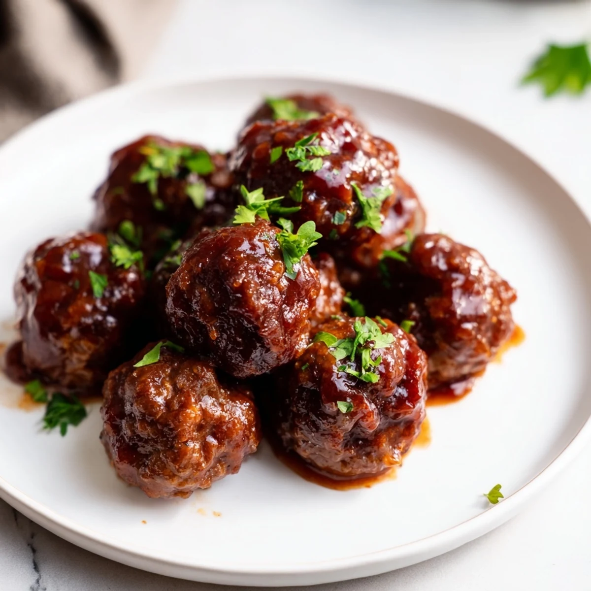 A close-up shot of tender cherry BBQ meatballs, glazed with a glistening, rich sauce and ready to serve.