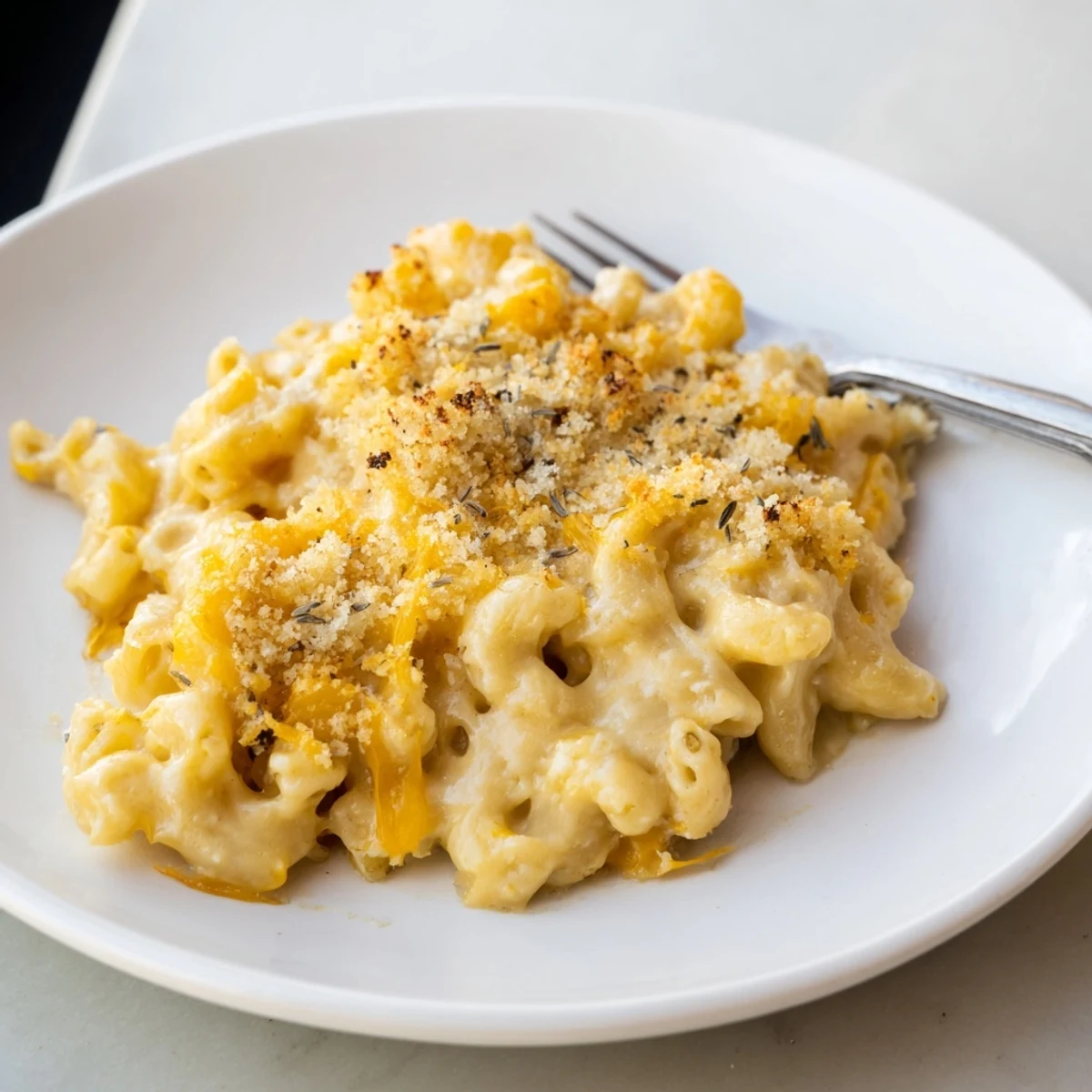 Golden, bubbly Old-Fashioned Baked Mac & Cheese with a crispy breadcrumb topping, perfect comfort food.