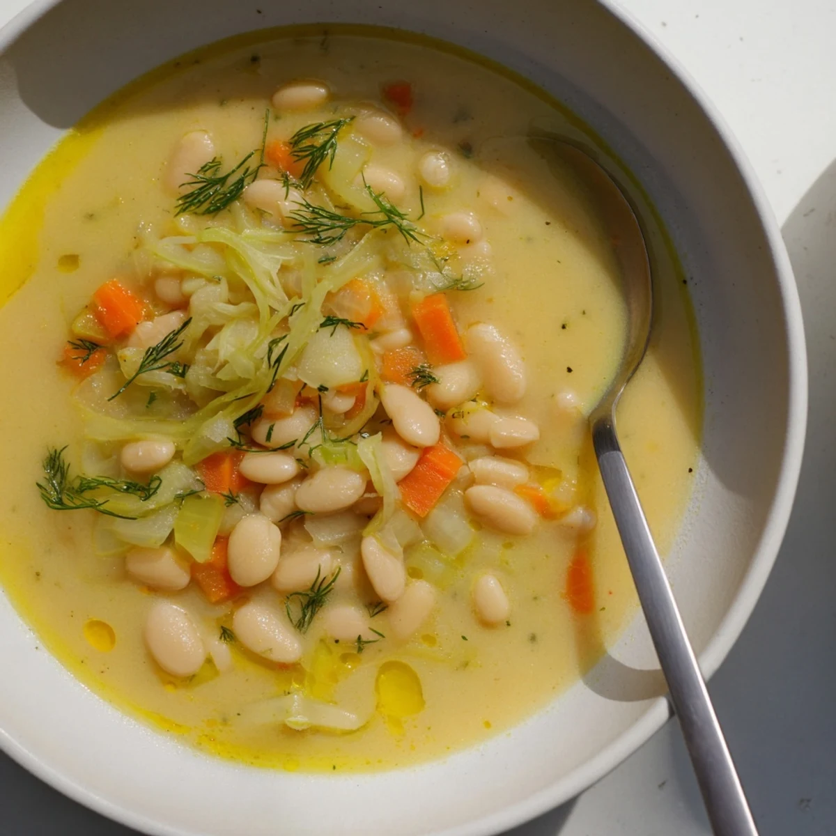 Steaming bowl of Simple White Bean and Fennel Soup, garnished with vibrant green fennel fronds, ready to eat.