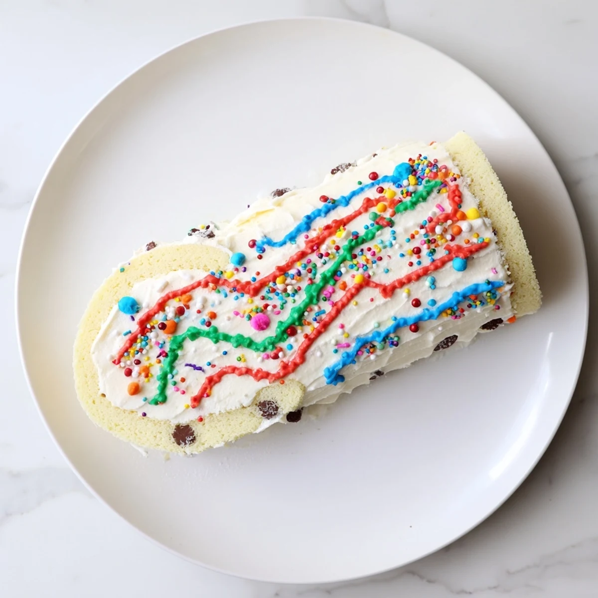 A close-up of a decorated Ugly Sweater Cake Roll, displaying fun holiday patterns and candies.