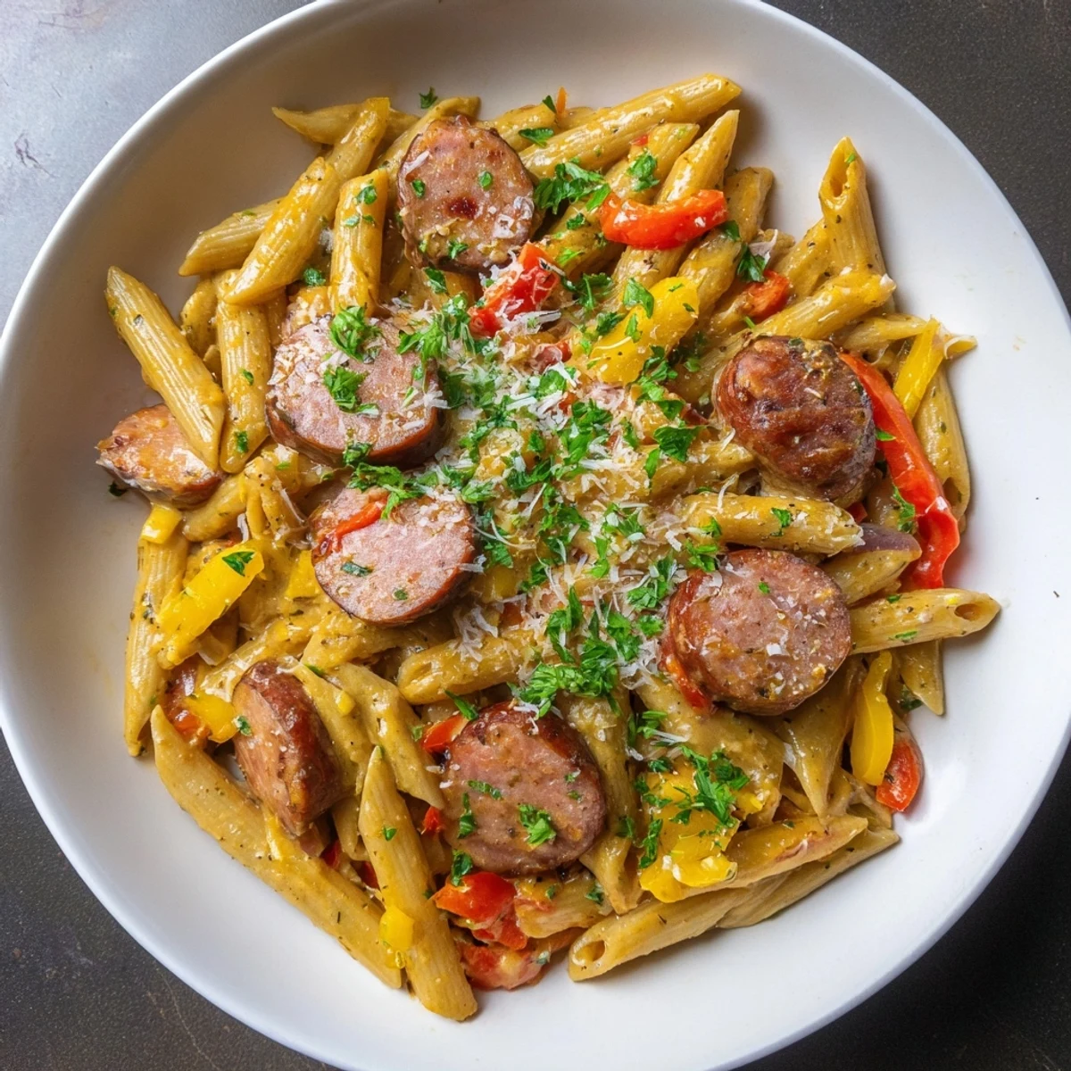 Golden, creamy Smoked Sausage Cajun Alfredo with penne, inviting with bits of sausage in rich sauce.