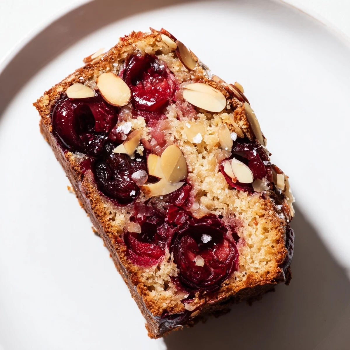 Golden, sliced Cherry Almond Loaf Cake, bursting with baked cherries and a sprinkle of almonds.