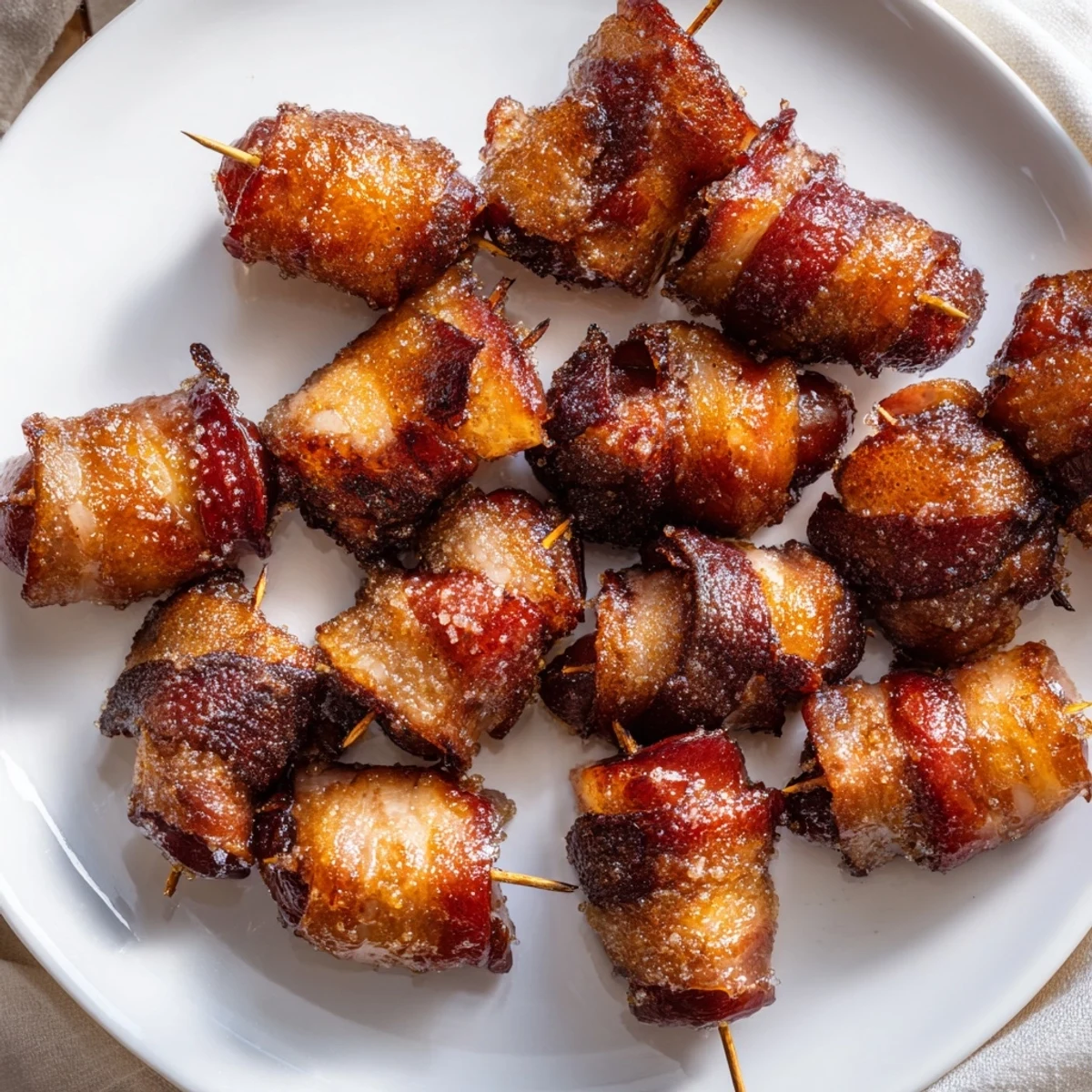 Close-up of baked 3-Ingredient Bacon-Wrapped Smokies sizzling with crispy bacon and caramelized brown sugar.