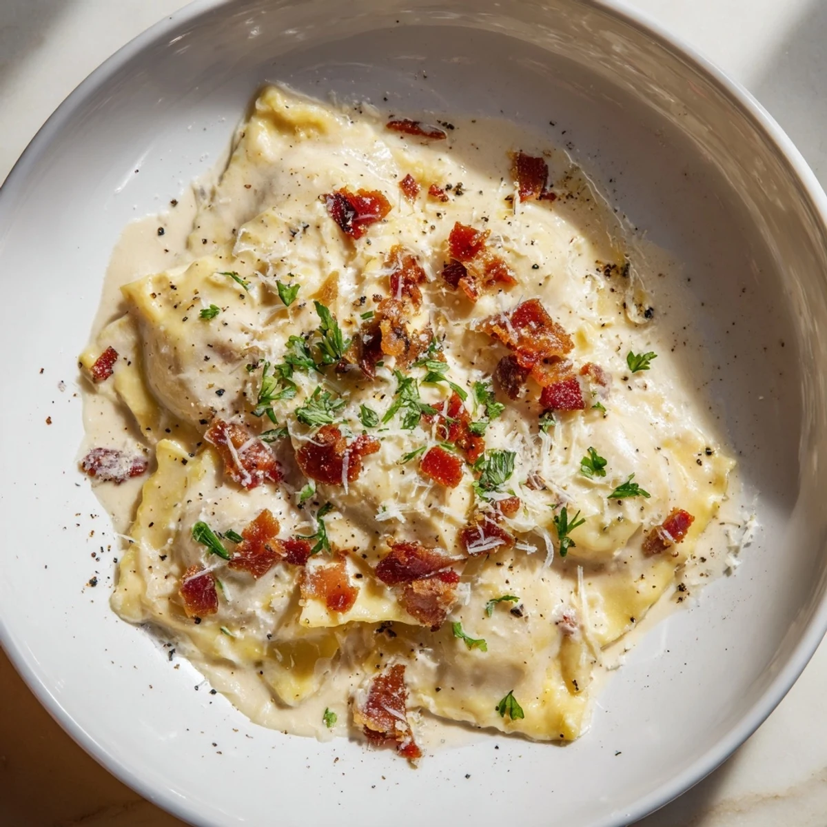 Golden-brown Olive Garden Ravioli Carbonara, with crispy pancetta pieces and rich, creamy sauce.