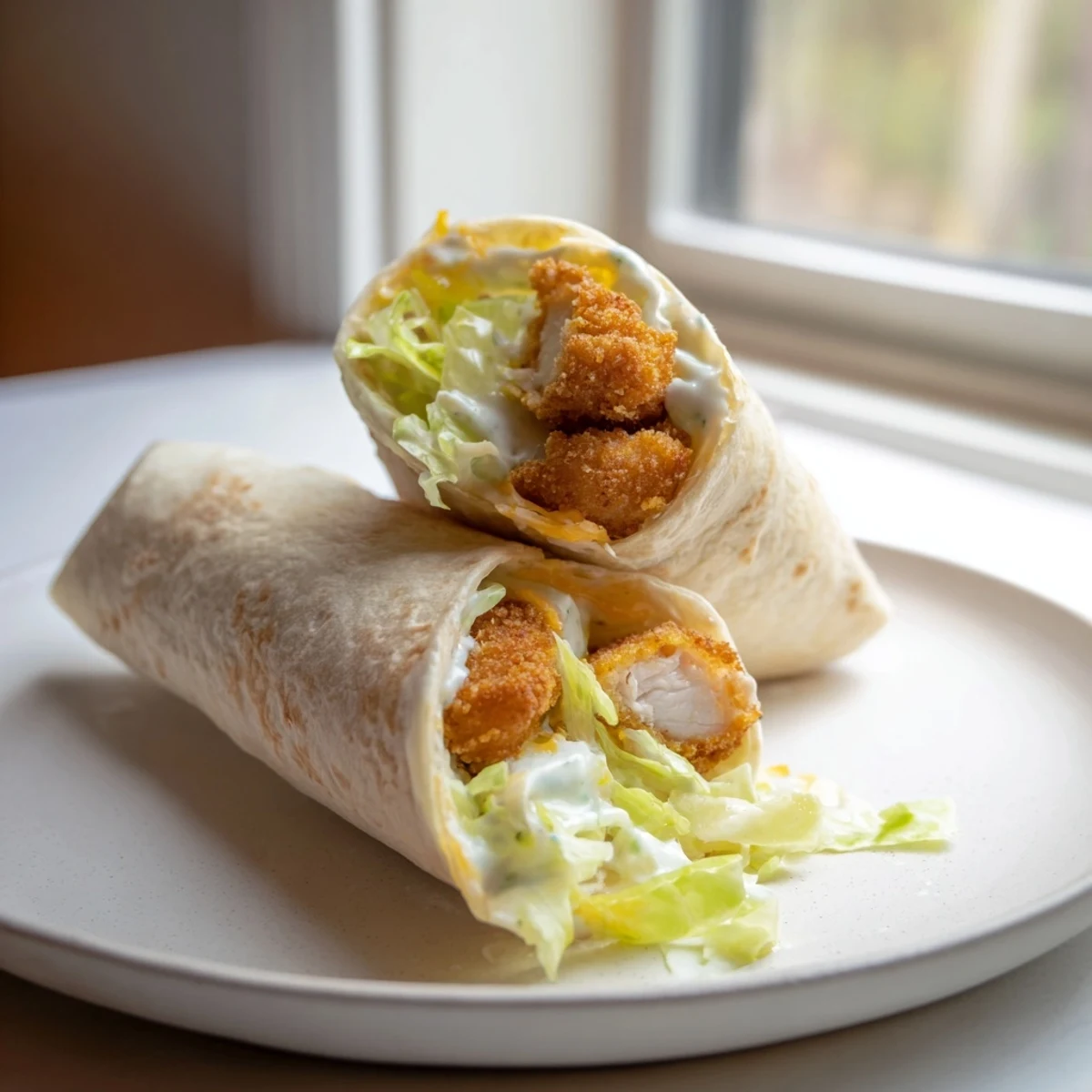 Golden-brown crispy chicken nestled in a soft wrap, part of this enticing Crispy Chicken Ranch Snack Wrap.