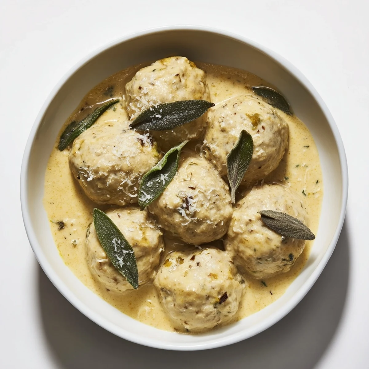 A comforting bowl of Easy Turkey Meatballs in Pumpkin Sage Sauce, showcasing tender meatballs with a rich sauce.