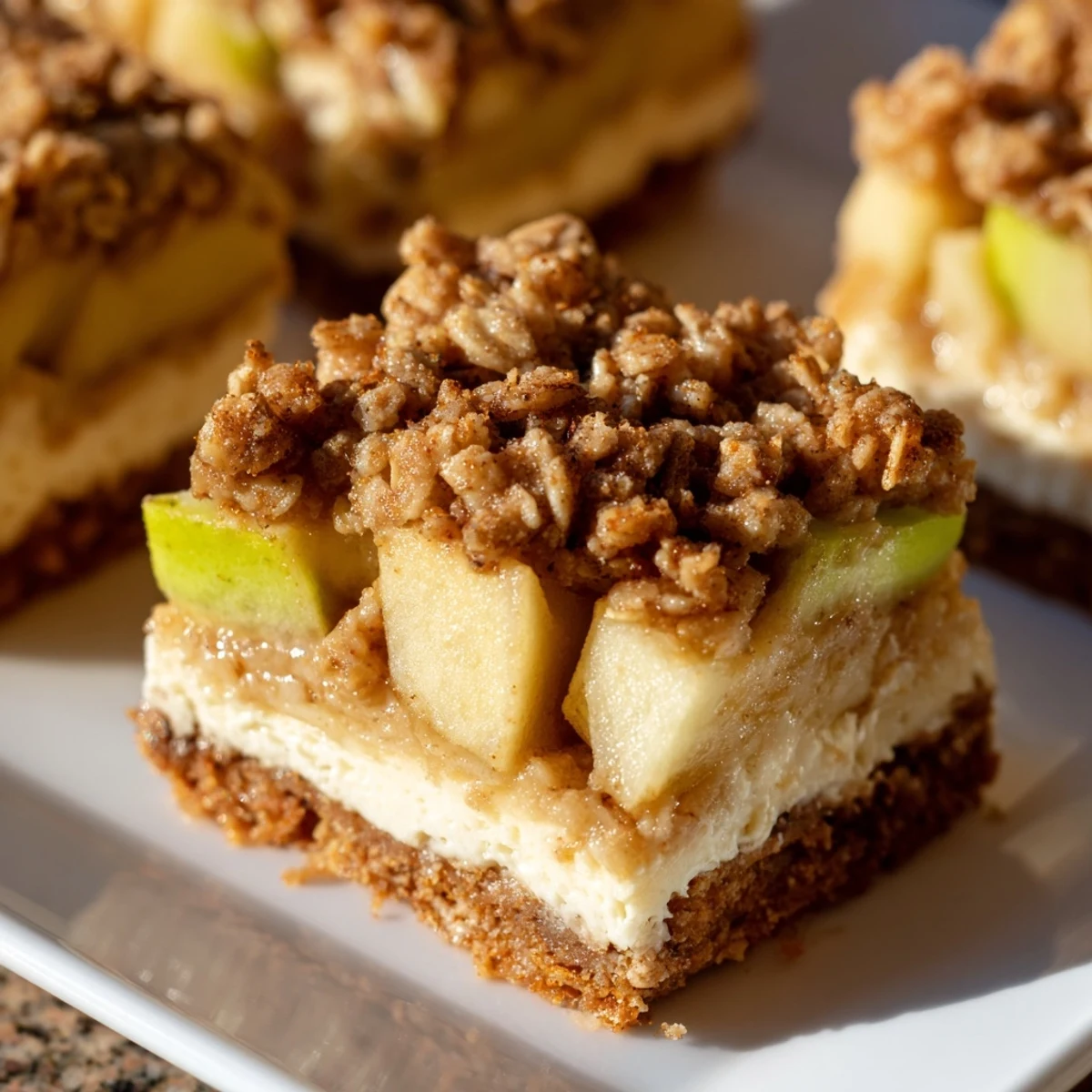 Golden, crunchy topping crowns these easy homemade Apple Crisp Cheesecake Bars, ready to eat.