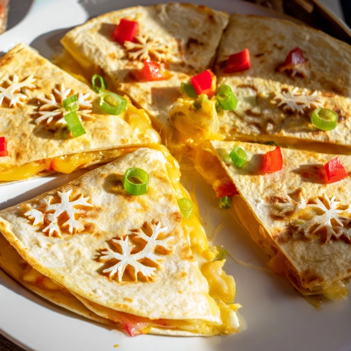 Melting cheese oozes from these Express Snowflake Quesadillas, a delightful, easy snack to enjoy.