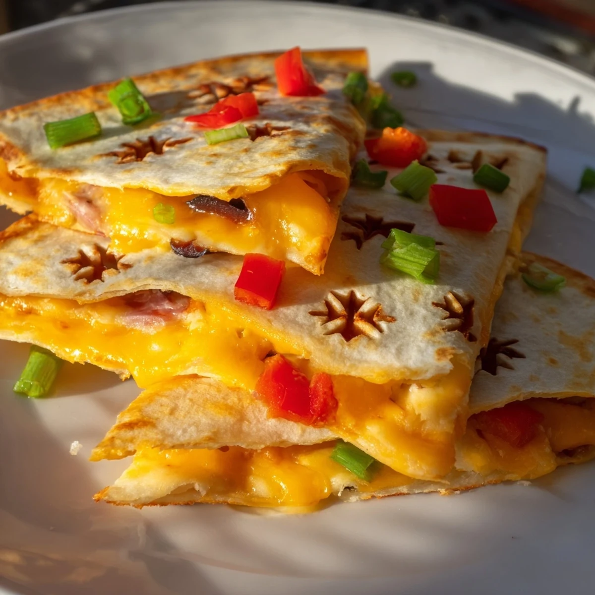 Crispy golden edges highlight these homemade Express Snowflake Quesadillas ready for dipping in salsa.