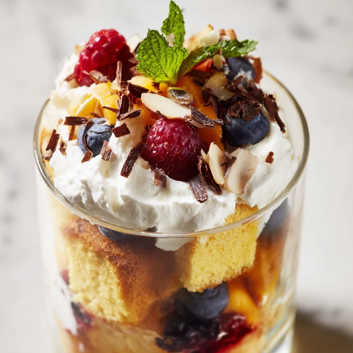 Individual servings of Simplified Christmas Trifle Cups showcase layered cake, custard, and festive garnishes.