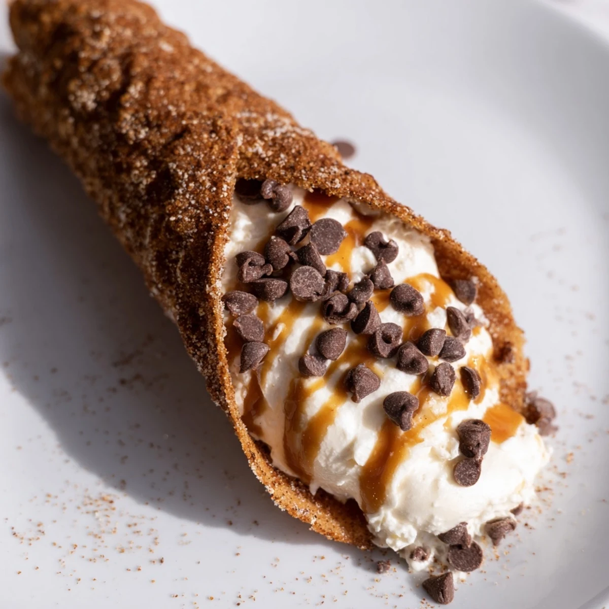 Golden-brown Quick Churro Cheesecake Cones, dusted with cinnamon sugar and topped with chocolate chips.