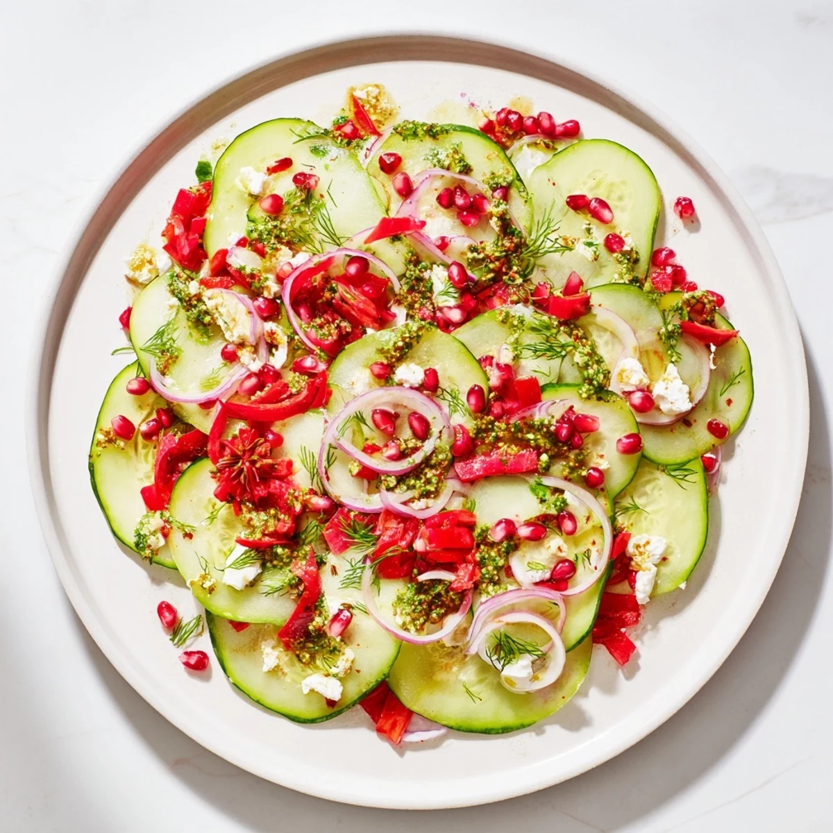 Fresh, vibrant Healthy Cucumber Christmas Salad with crisp cucumbers, pomegranate jewels, and tangy dressing.