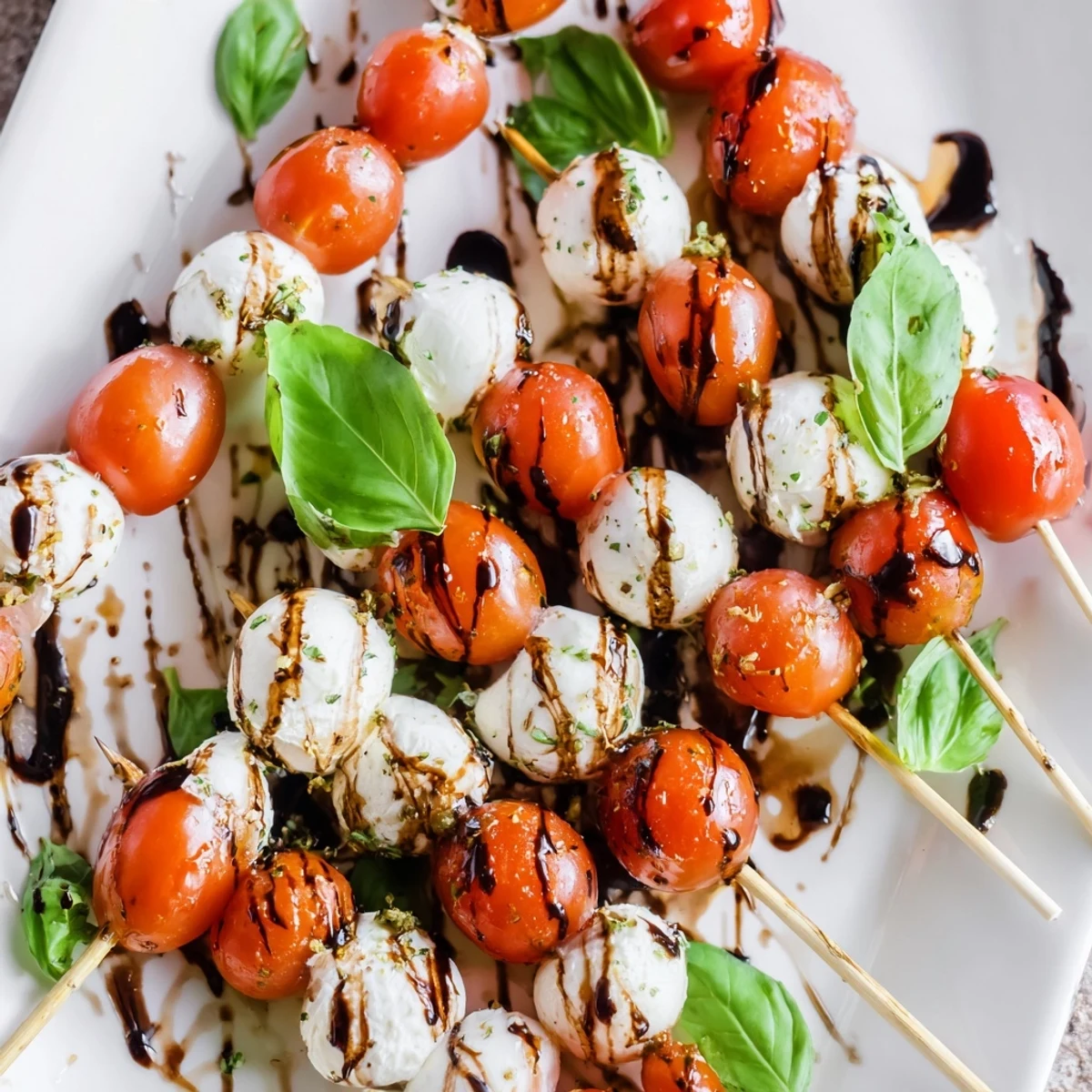 Vibrant Easy Christmas Tree Caprese Skewers: a picture of skewered tomatoes, mozzarella, and basil drizzled in balsamic glaze.