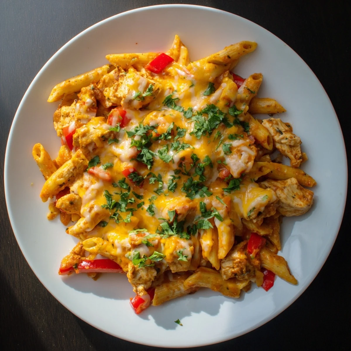 Baked Salsa Chicken Pasta, bubbly and golden, ready for a comforting family dinner.