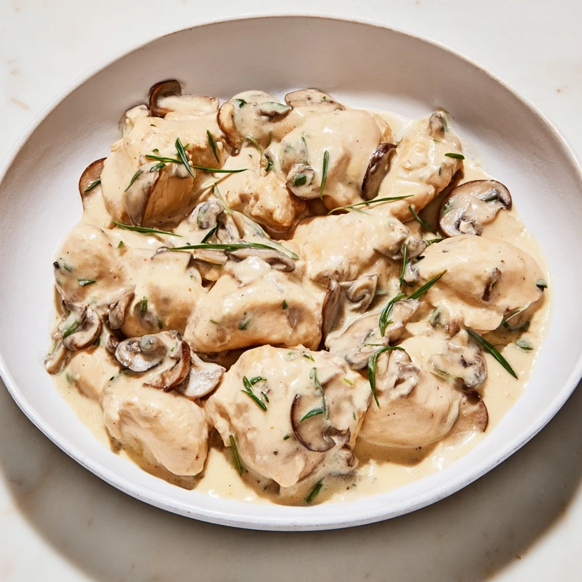Close-up of a flavorful Tarragon Chicken & Mushroom Skillet, perfect with crusty bread.