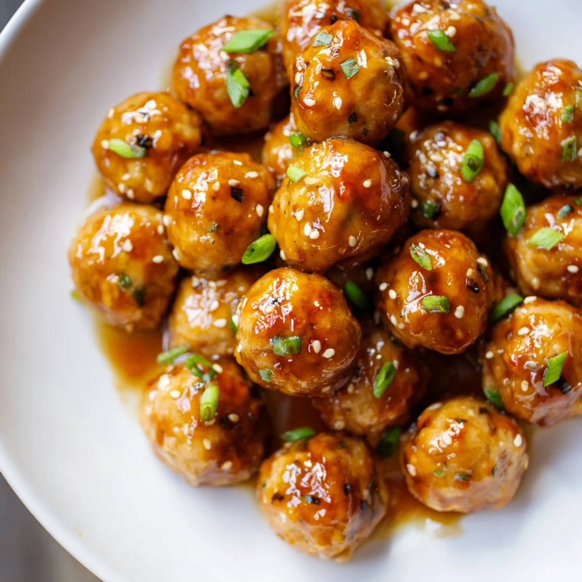 Close-up of glossy, Spicy Honey-Glazed Chicken Meatballs ready to serve with a sprinkle of sesame seeds.