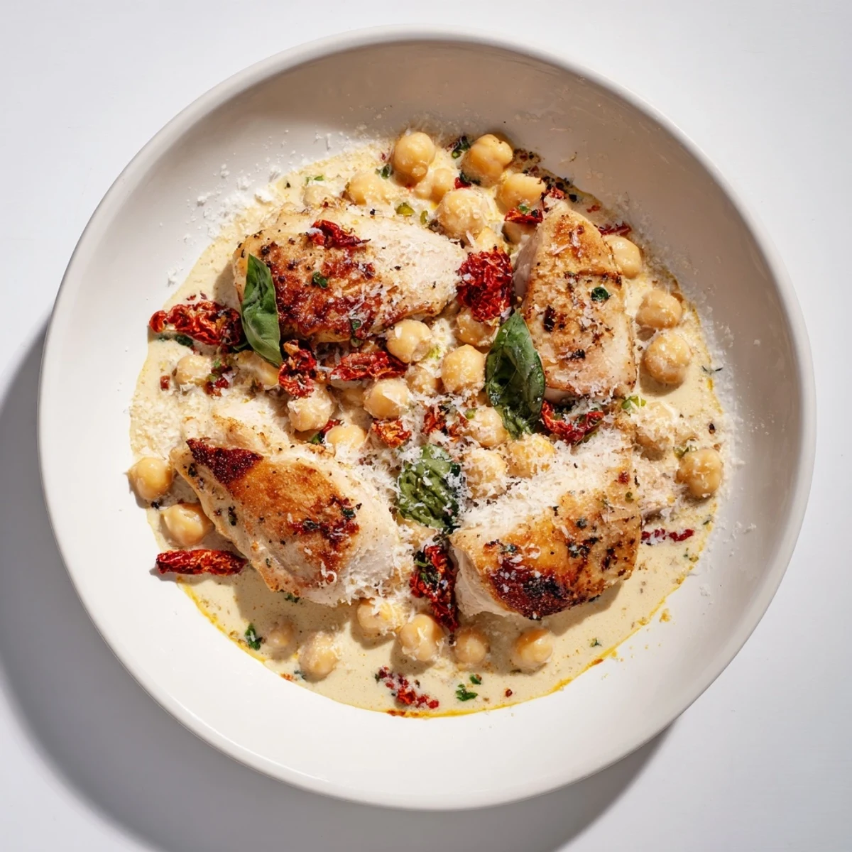 Creamy High-Protein Marry Me Chicken and Chickpeas, featuring sun-dried tomatoes and herbs, simmering in a skillet.