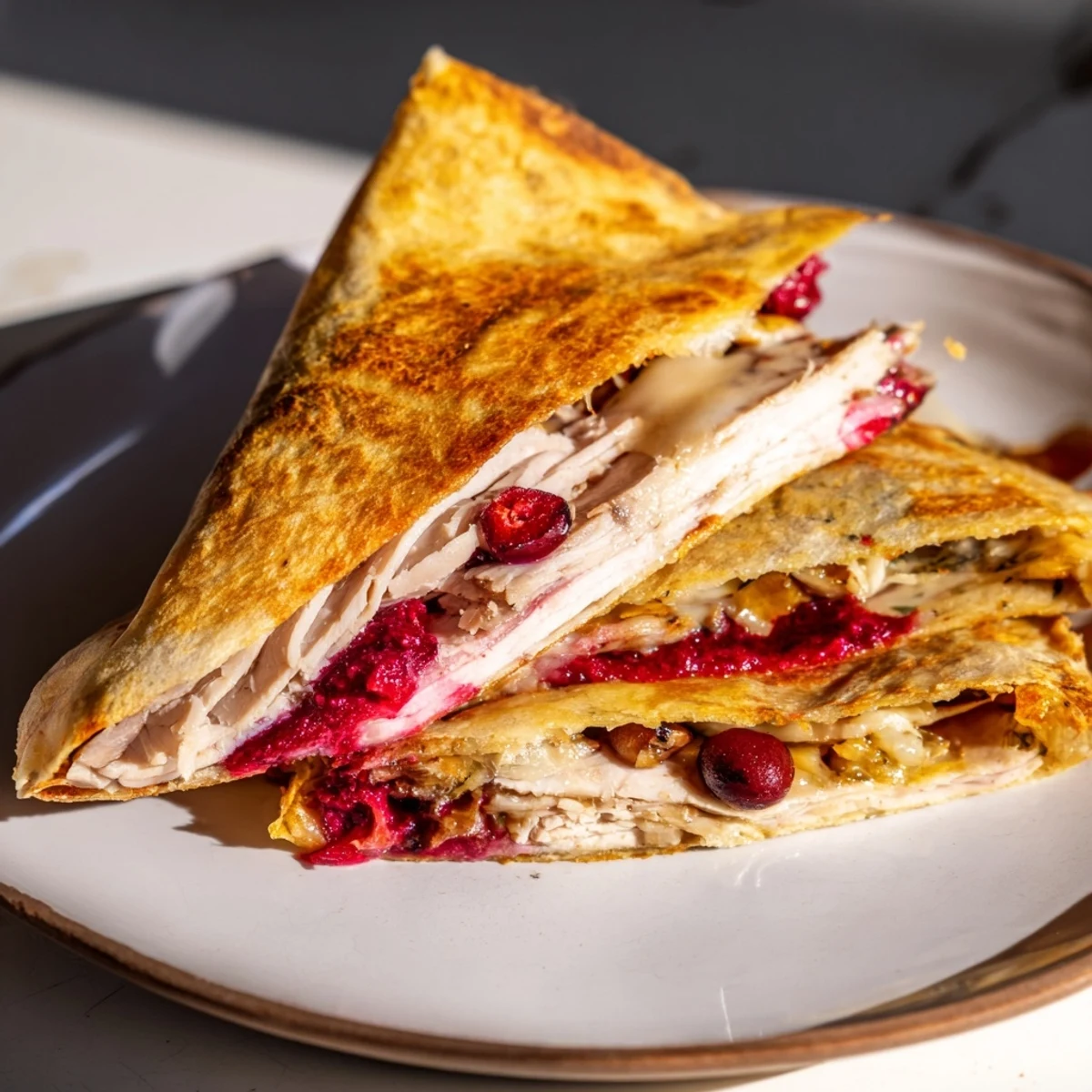 Folded and toasted Turkey, Stuffing & Cranberry Leftovers Tortilla Wrap, ready for a satisfying, savory bite.