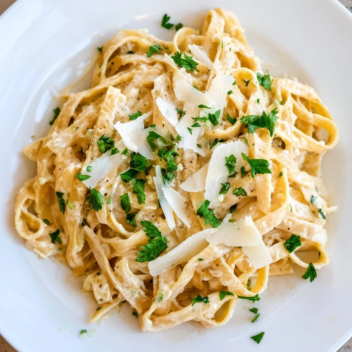 Creamy Skinny Alfredo Garlic Parmesan Snowy Pasta, a healthier Italian comfort food dish.