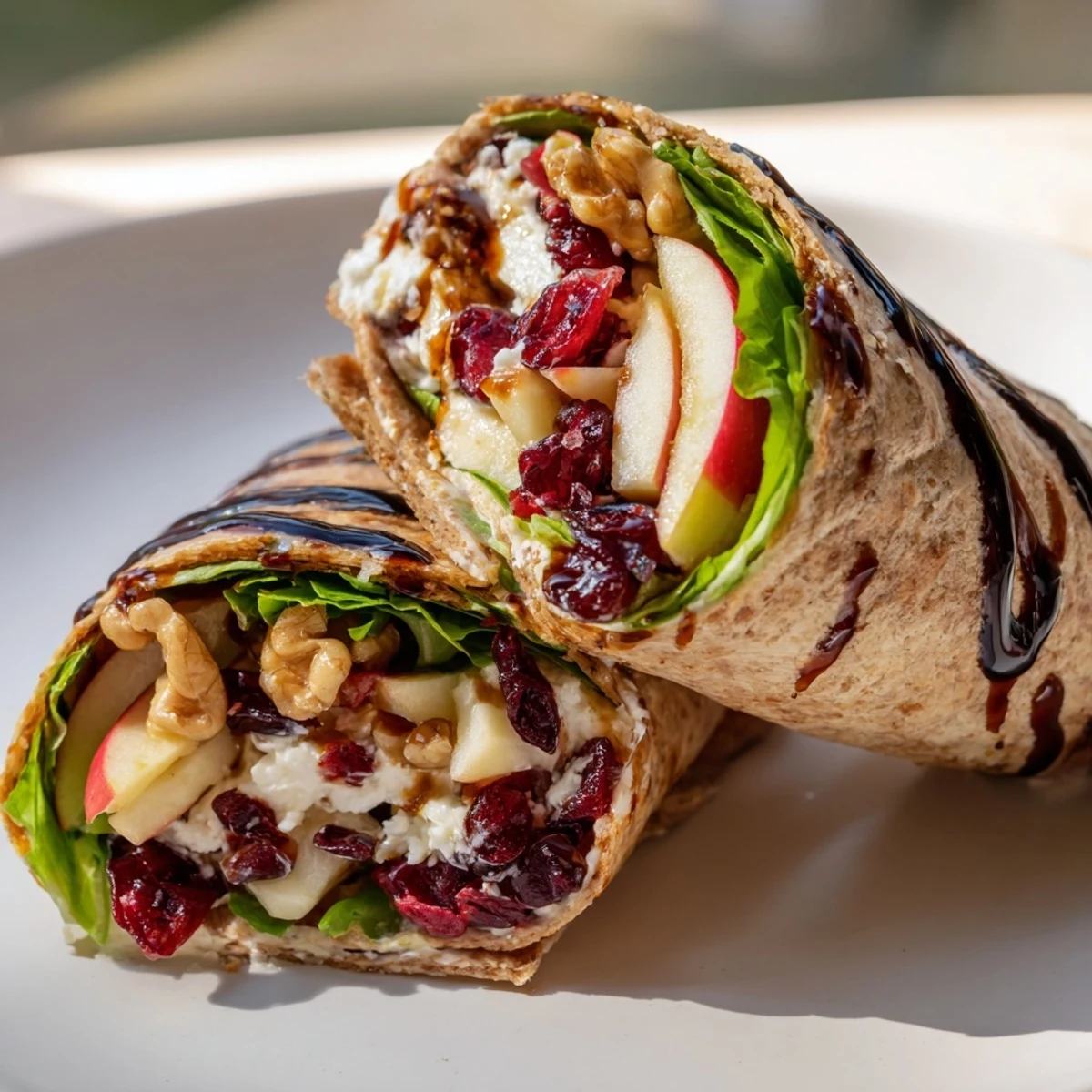 Vibrant image of a Cranberry Goat Cheese & Walnut Wrap, filled with mixed greens, ready to eat.